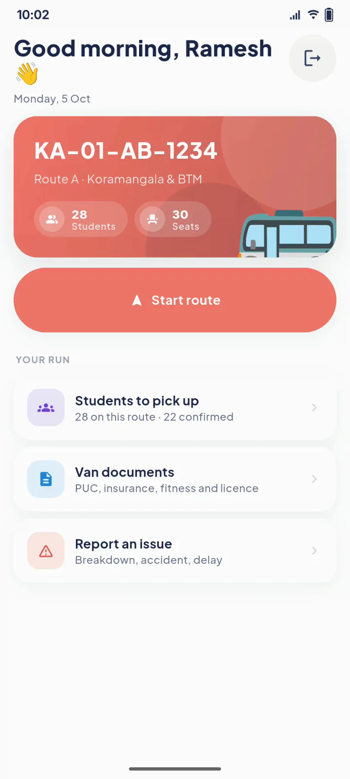 The driver app home screen: the van's number and route, a large Start route button, and the run's students, documents and issue reporting