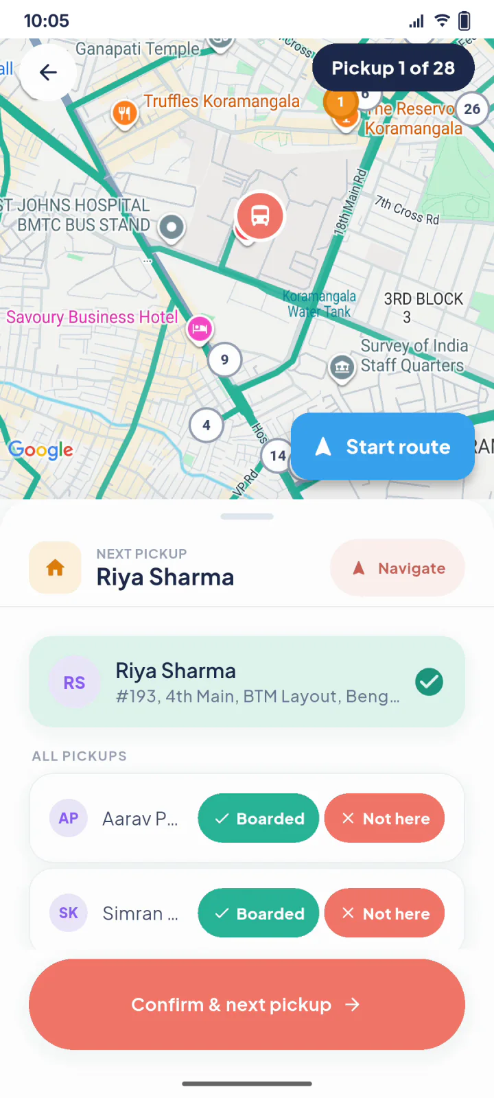 The driver app during a run: the pickups on a map and a Boarded or Not here button for each child, the first already marked boarded