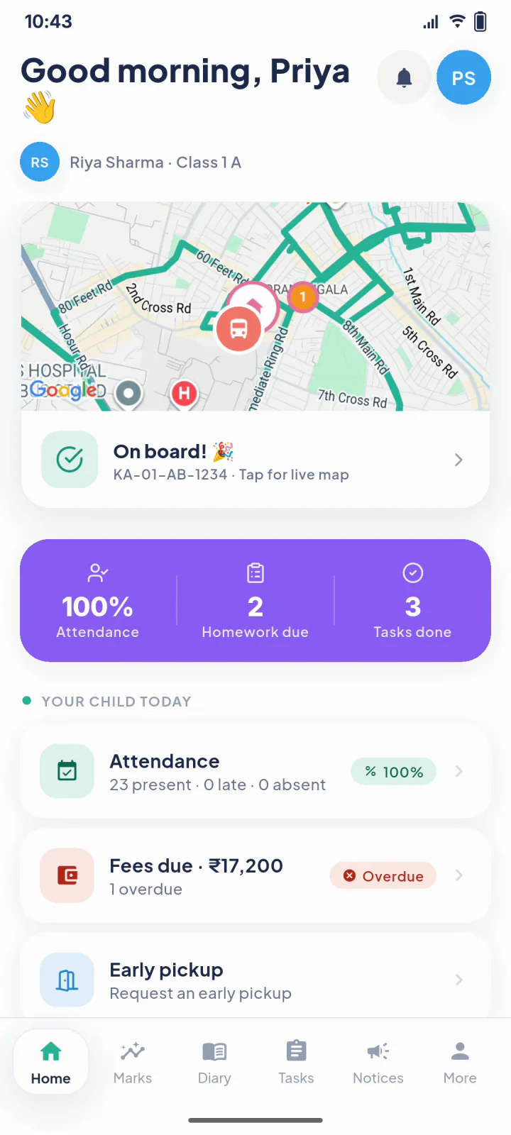 The parent app home screen: the van on a live map with an On board message, and the child's attendance, homework and tasks
