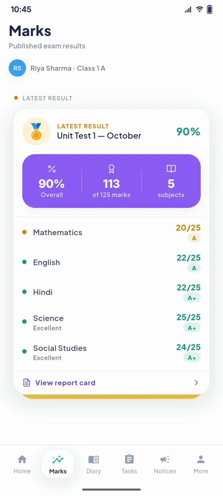 The parent app's Marks screen: Unit Test 1 results, 90 percent overall, with each subject's score and grade