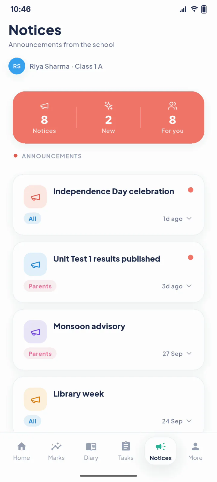 The parent app's Notices screen: school announcements, newest first, unread ones marked