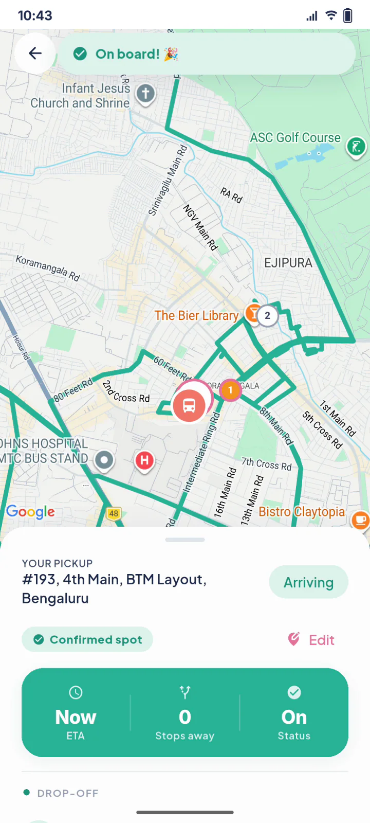 The parent app's live van map: the van at the family's pickup point, marked On board