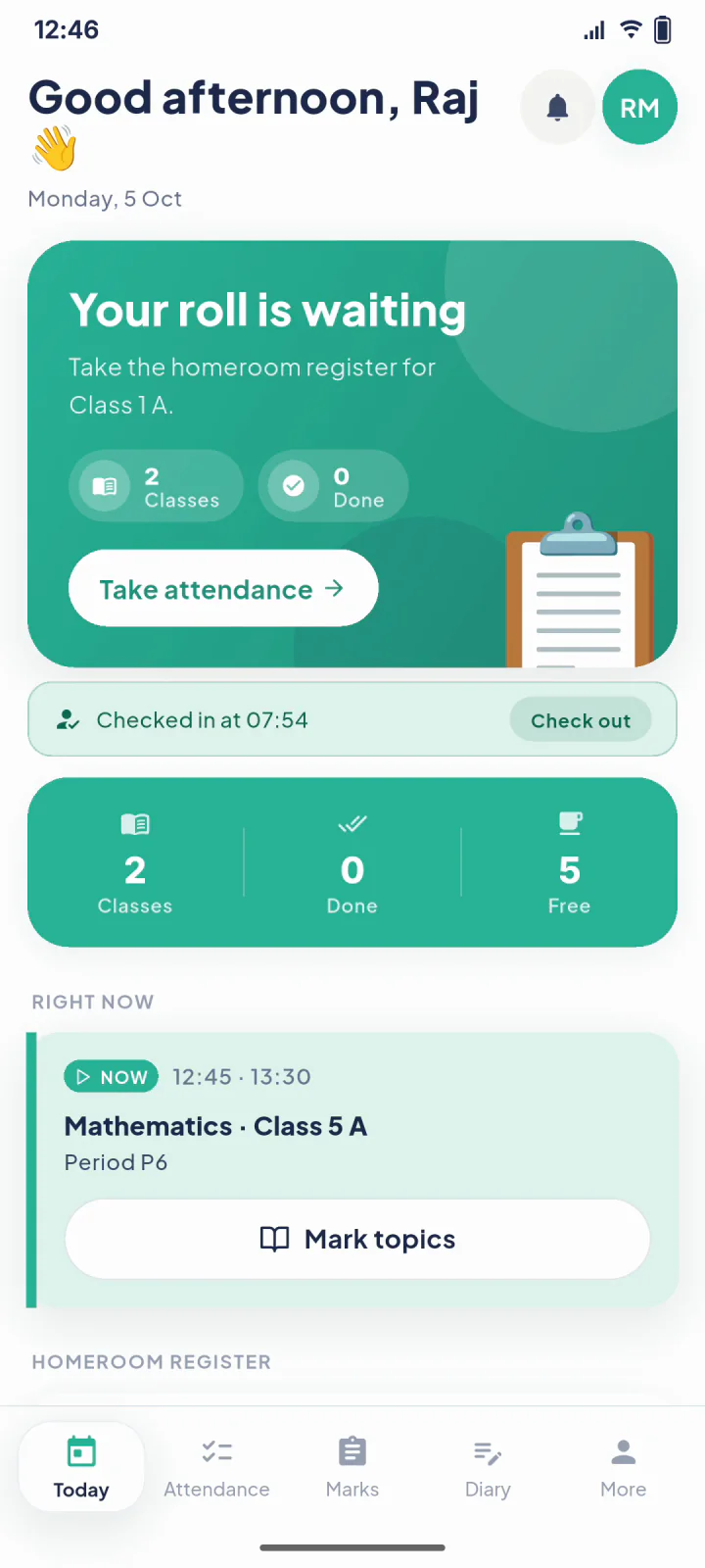 The teacher app's Today screen: the homeroom register waiting, a check-in at 07:54, and the class happening right now
