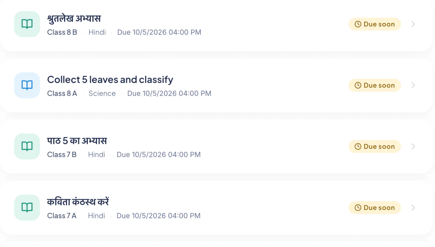 Assignments set for each section, with due dates and their status