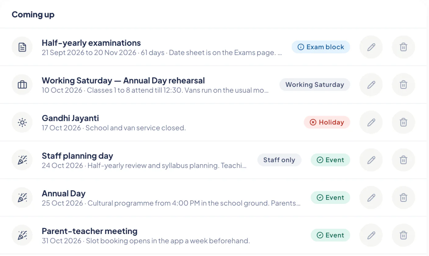 The school calendar as a list: exams, a working Saturday, a holiday, events and the Diwali break